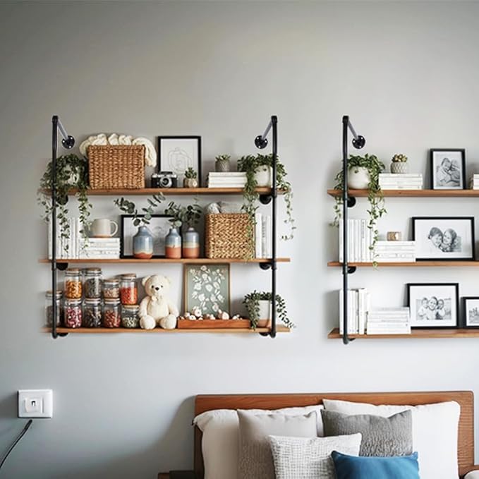 4-Tier Industrial Pipe Shelving Bracket System, Black Iron Wall Mount, DIY Rustic Farmhouse Style Storage Rack Brackets (No Planks)