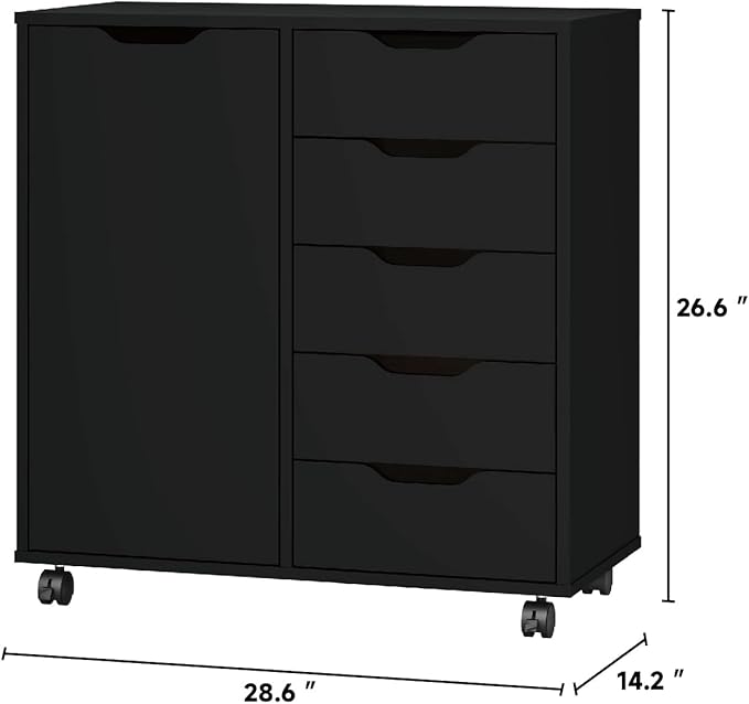 Panana 5-Drawer Chest with 1 Door, Wooden Chest of Drawers Storage Dresser Cabinet with Wheels, Office Organization and Storage, Bedroom Furniture (Black-S)