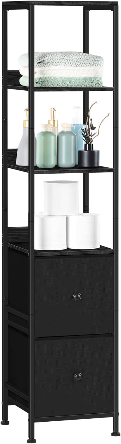 Tall Bathroom Storage Cabinet Slim Bathroom Floor Cabinet Narrow Freestanding Floor Cabinet with 2 Drawer, for Small Space, Living Room, Home Office, Black, 11.8" D x 11.8" W x 55.8" H