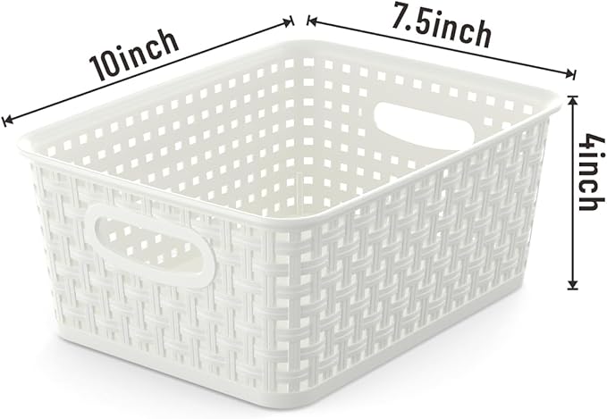 9-Packs Plastic Storage Woven Storage Baskets, Plastic Baskets with Handles, Baskets for Home and Office Organizing, White.