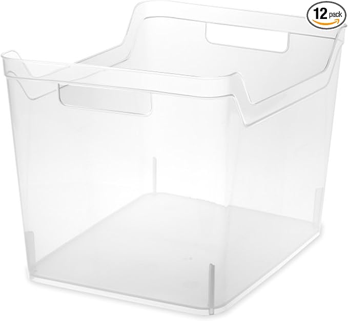 Sterilite Wide Shelf Bin Organizing Plastic Container, Home Kitchen or Office Storage Tote, Open Top Basket with Handles, 12 Pack, Clear