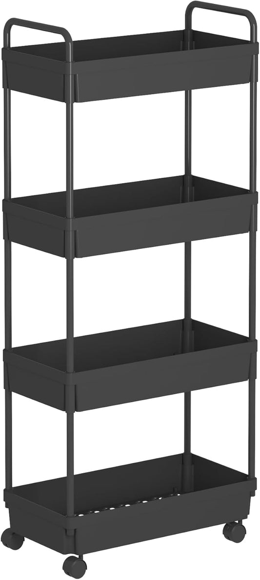 Buzowruil Rolling Storage Cart 4 Tier Organizer Mobile Shelving Unit Storage Rolling Utility Cart with Wheels for Kitchen Bathroom Laundry,Black