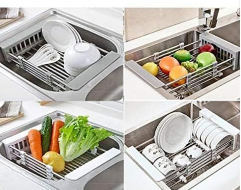ASEANAO Stainless Steel Kitchen Drying Rack, Retractable Drain Basket with Adjustable Armrest, Over The Sink Dish Drying Rack (Black Small)