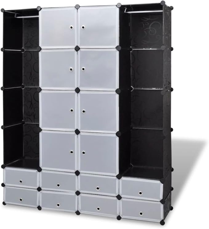 Modular Storage Cabinet Black and White Plastic and Steel Wire Flexible Storage Solution with 18 Compartments for Clothes Shoes Household Items