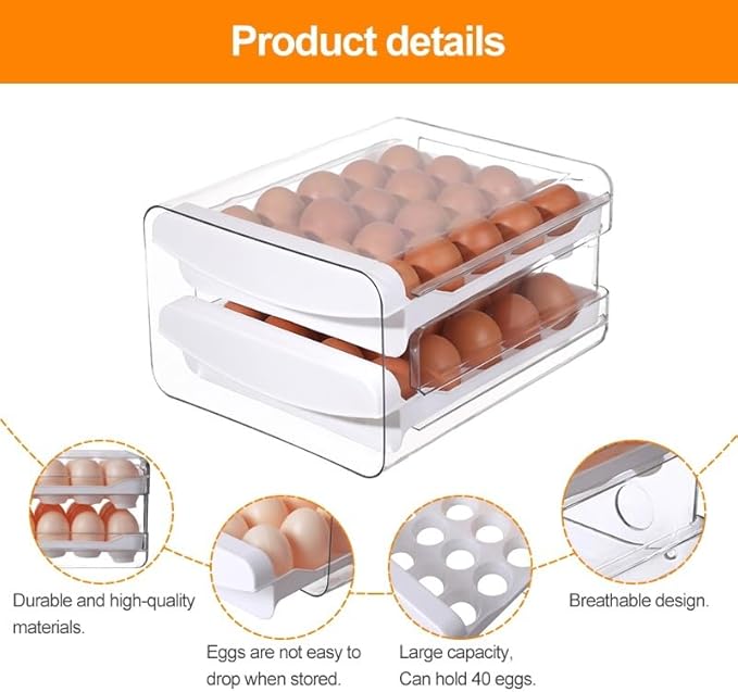 SYLAB Egg Holder for Refrigerator - 40 Eggs Capacity, 2-Tier Stackable Auto-Rolling Egg Container with Drawer & Handles - Clear BPA-Free Egg Storage Organizer for Fridge, Kitchen Countertop & Pantry