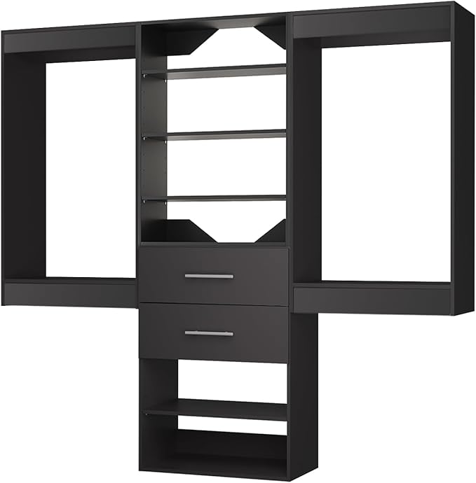 ROOMTEC Modular Closet System, 102" Wall Mounted Closet Organizer with Hanging Rods and Drawers, Wooden Tower for Walk-In Closets, Wardrobe Storage Kit, Black