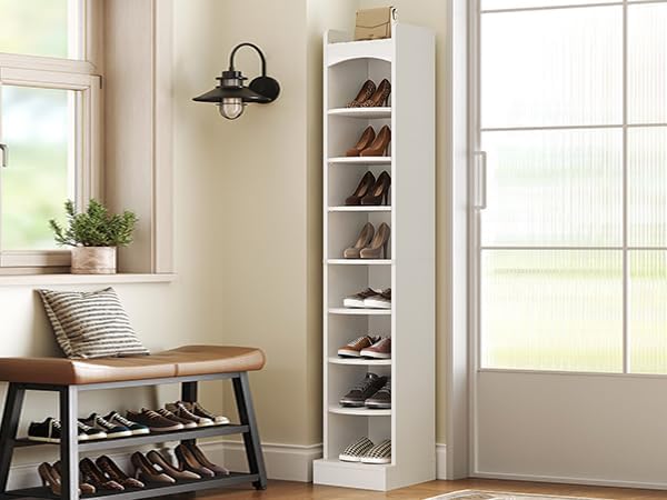 YATINEY 9-Tier Tall Shoe Rack, Wooden Shoe Storage Organizer, Narrow Shoe Cabinet with Removable Shelves for Small Spaces, Holds 9 Pairs of Shoes, for Entrance, Hallway, White SS02WT