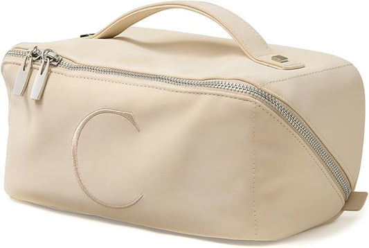 EACHY Travel Makeup Bag, Large Capacity Cosmetic Bag for Women, Waterproof PU Leather, Flat Open Portable Toiletry Bag for Skincare, Brushes & Travel Essentials