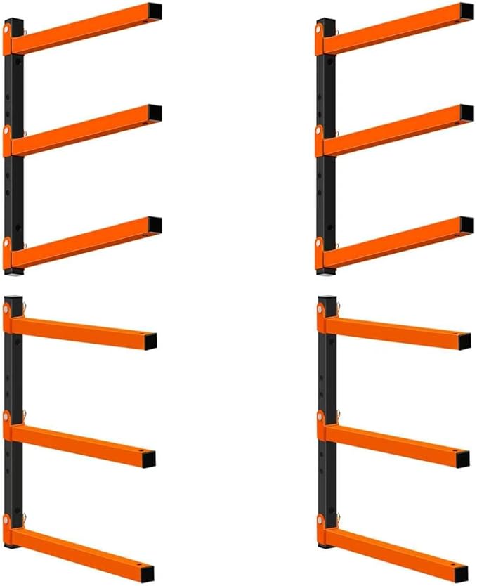 Homydom Heavy Duty Wall Mounted Lumber Storage Rack, 3-Level, 4 Pack Metal Garage Shelving System for Wood, Pipes & Skis, 300 Lbs Capacity Organizer Bracket (Black/Orange)