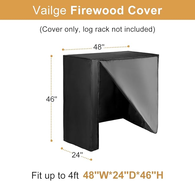 Vailge Firewood Rack Cover 4FT, Waterproof Firewood Rack Outdoor Cover with Full Front Zipper & Windproof Straps, Heavy Duty 600D Oxford Log Protector for All Seasons