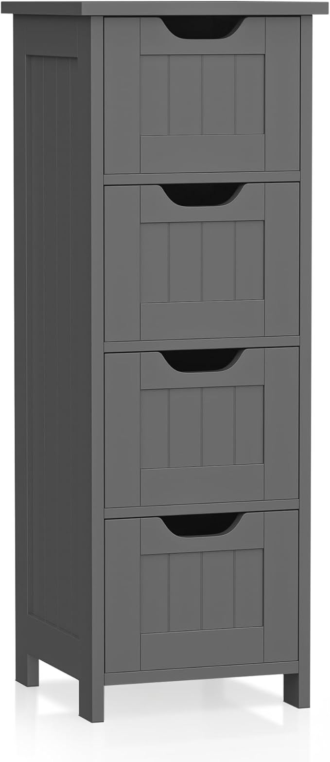 SUPER DEAL Small Bathroom Storage Cabinet with 4 Drawers, Freestanding Narrow Wooden Side Storage Organizer for Bathroom Hallway Living Room, Grey