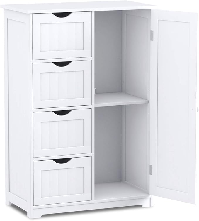 Giantex Bathroom Storage Cabinet with Drawers - 4 Drawer Storage Organizer w/Cupboard, Adjustable Shelf, Anti-Toppling Device, Entryway Storage Unit Console Table, Bathroom Floor Cabinet (White)