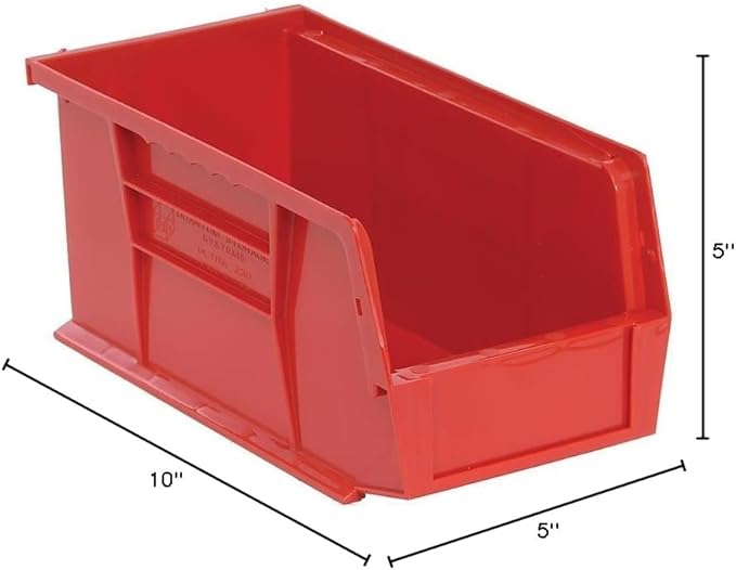 Quantum Storage QUS230 Heavy-Duty Stackable Plastic Storage Bins for Workshop, Warehouse & Garage, Ultra Stack & Hang, 10-7/8" x 5-1/2" x 5", Red, 12-Pack
