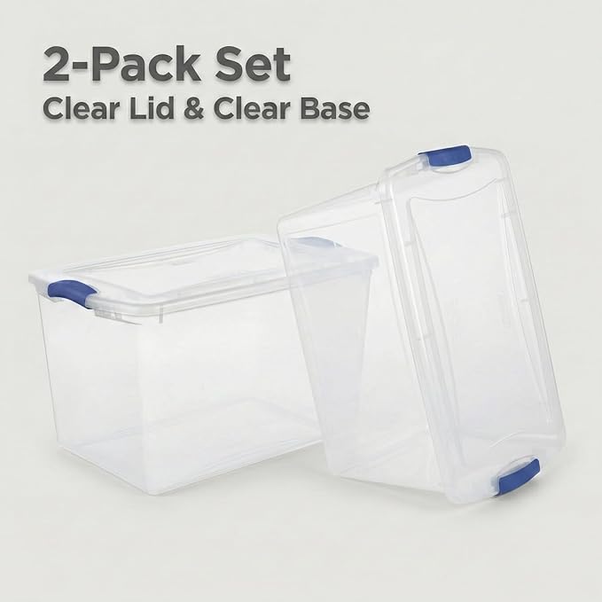 66 Qt Storage Bins with Lids, 2 Pack Large Clear Plastic Storage Containers with Secure Blue Latches, Stackable Clear Totes for Sports Equipment