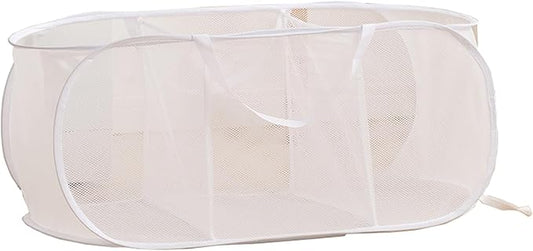 Mesh Laundry Hamper Basket, Sturdy 3 Compartments Laundry Basket, Foldable Pop up Laundry Hamper with Side Pocket for Laundry Room, Bathroom, Kids Room, College Dorm or Travel, White