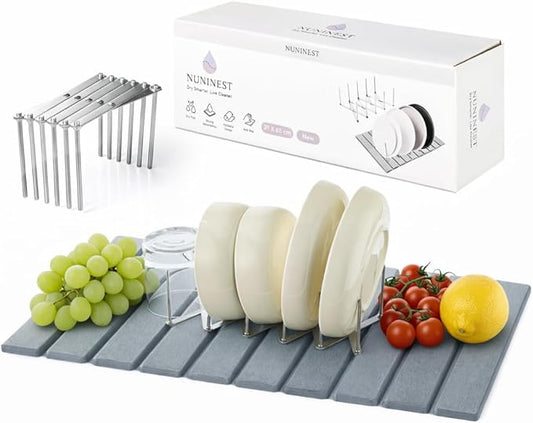 Diatomaceous Stone Dish Drying Mat with Collapsible Steel Rack - Quick Dry Kitchen Counter Set, Space Saving Foldable Dryer