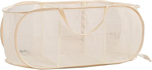 Mesh Laundry Hamper Basket, Sturdy 3 Compartments Laundry Basket, Foldable Pop up Laundry Hamper with Side Pocket for Laundry Room, Bathroom, Kids Room, College Dorm or Travel, Beige