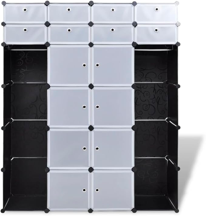 Modular Storage Cabinet Black and White Plastic and Steel Wire Flexible Storage Solution with 18 Compartments for Clothes Shoes Household Items