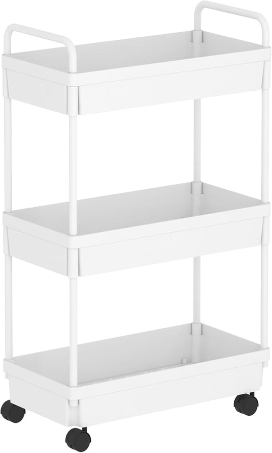 Buzowruil Rolling Storage Cart 3 Tier Organizer Mobile Shelving Unit Storage Rolling Utility Cart with Wheels for Kitchen Bathroom Laundry,White