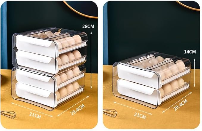 SYLAB Egg Holder for Refrigerator - 40 Eggs Capacity, 2-Tier Stackable Auto-Rolling Egg Container with Drawer & Handles - Clear BPA-Free Egg Storage Organizer for Fridge, Kitchen Countertop & Pantry