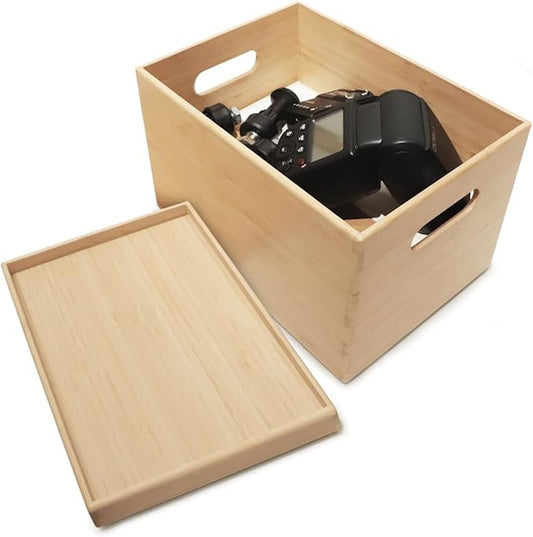 BAMOTTO CRAFTBAMBOO 10.2”x7.3”x6.5” Lidded Storage Bins - Stackable Bamboo Box/Cube/Basket with Handles for Home Kitchen Office, Organize Tableware Clothing Toys Books