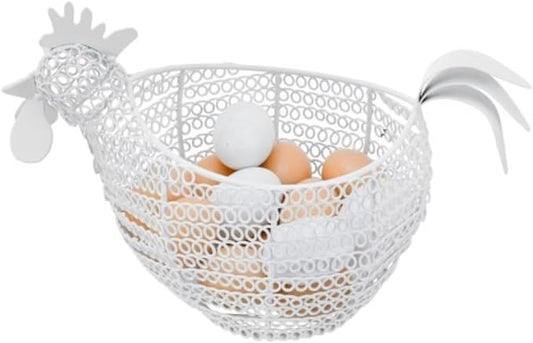 MyGift Modern Matte White Metal Wire Egg Storage Basket in Decorative Chicken Shaped Design, Farmhouse Container for Gathering Fresh Eggs and Easter Decor