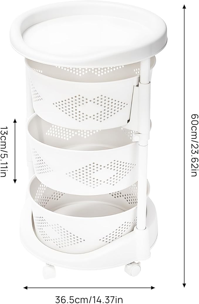 3 Tier Rotating Kitchen Storage Basket Rack Storage Shelf Cart Fruit Vegetable Organizer with Casters Rolling Multi-Layer Round Bin Storage Space Saver for Home Household Grocery