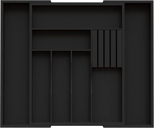 Bamboo Silverware Organizer, Expandable Kitchen Drawer Organizer, Utensil Holder and Cutlery Tray with Grooved Drawer Dividers, Spoon Flatware Storage with Removable Knife Block (Black)