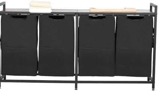 4 Section Laundry Sorter with Pull-Out Bags Metal Frame & Wooden Tabletop