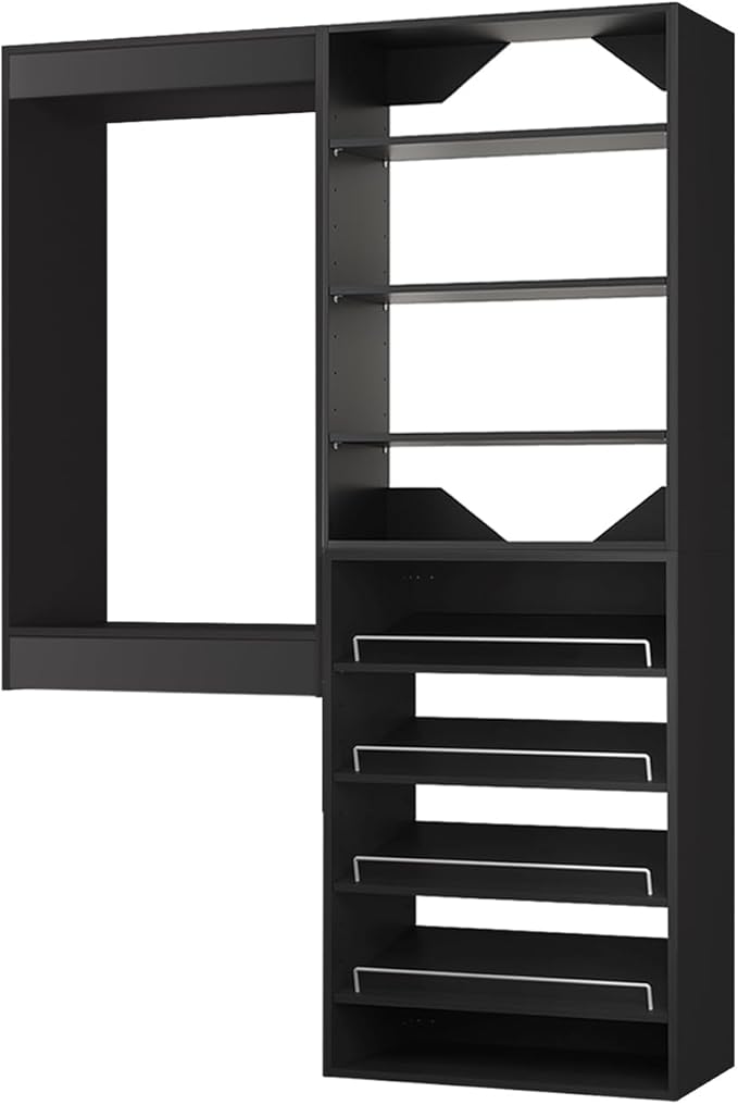ROOMTEC Modular Closet System, 49" Wall Mounted Closet Organizer with Hanging Rods and Shoe Shelf, Wooden Tower for Walk-In Closets, Wardrobe Storage Kit, Black