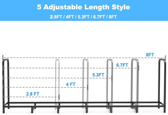 8ft Firewood Rack Holder, Adjustable Heavy Duty Fire Log Stacker Stand for Fireplace, Outdoor Indoor Metal Wood Pile Storage Organizer, Patio Logs Stand tool, Black