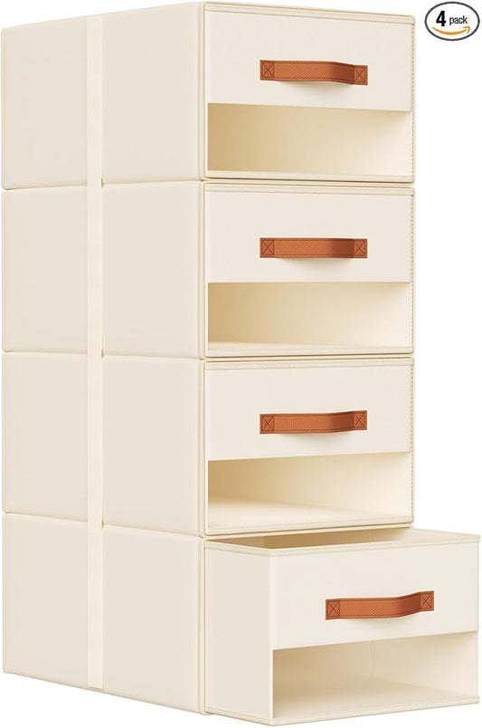 DIMJ Closet Organizers and Storage - Pull-out Fabric Bins with Drawers for Closet Foldable Clothes Organizers with Clear Window, Stackable Storage Drawers for Bedroom,Living Room,Shelf,4-Pack, Beige