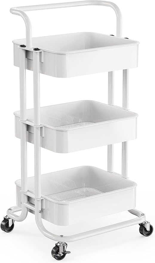 Pipishell 3 Tier Mesh Utility Cart, Rolling Metal Organization Cart with Handle and Lockable Wheels, Multifunctional Storage Shelves for Kitchen Living Room Office White