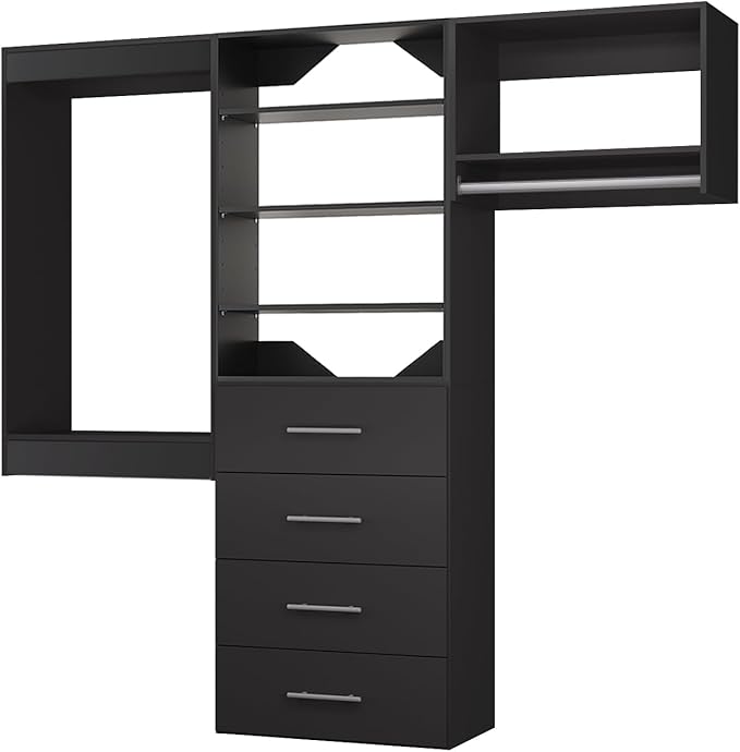 ROOMTEC Modular Closet System, 84" Wall Mounted Closet Organizer with Hanging Rods and Drawers, Modern Wooden Tower for Walk-In Closets, Wardrobe Storage Kit, Black