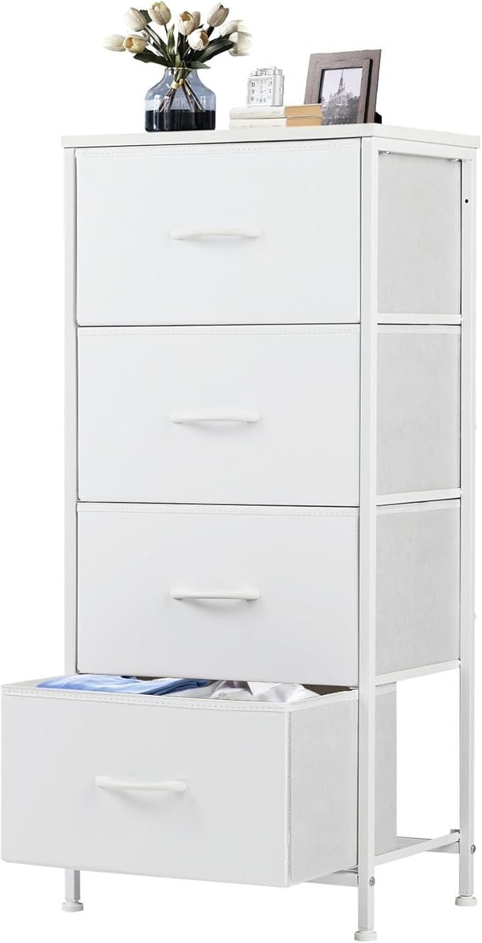 DUMOS Nightstand with 4 Drawers Bedside Table with Removable Fabric Bins Sturdy Steel Frame Wood Top Organizer Furniture for Bedroom Closet Living Room