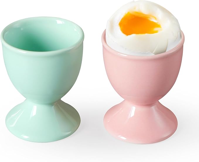 Cinf Ceramic Egg Cup Set of 2 Porcelain Holder Breakfast Boiled Cooking Easy to Clean Childhood Memories Kitchen(Macaron)