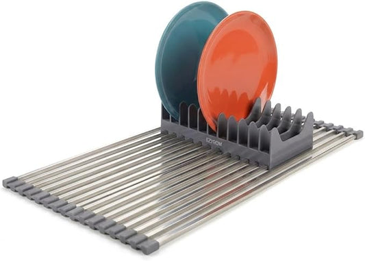 Large Aluminum Roll Up Dish Drying Rack (20.5" x 13") -Fits Sink Openings up to 19.5 Inches, Heavy Duty Square Bar, Rust-Proof & Heat Resistant with Removable Dish Holder (Purple Gray Large)