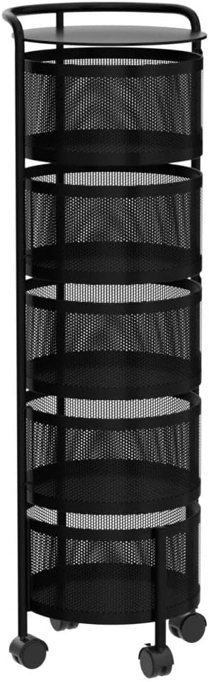 JAQ No Assembly Rotating Storage Cart, 5-Tier Rolling Kitchen Cart with Wheels, Round Large Capacity Fruit Vegetable Storage Rack, Easy Access Onion Potato Organizer, Heavy Duty Metal (Black)