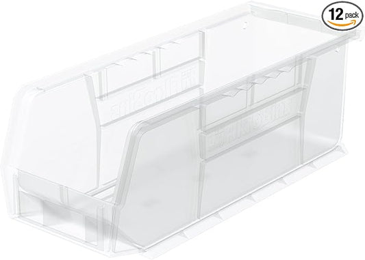 Akro-Mils 30224 AkroBins Plastic Storage Bins, Space-Saving Stackable Bins for Garage, Pantry, Craft Organization, 11" L x 4" W x 4" H, Clear, 12-Pack