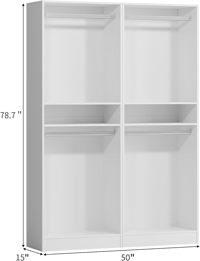VOWNER 50'' Freestanding Closet System with Shelves, Wood Closet Organizer System with Hanging Rods, Walk-in Closet Tower, Clothes Garment Rack, Wardrobe Closet for Bedroom Entryway