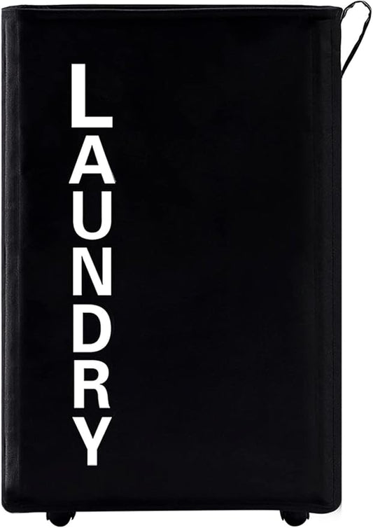 92L Extra Large Rolling Laundry Basket with Leather Handle,Tall Laundry Hamper on Wheels,Laundry Bin,Rolling Laundry Cart Black