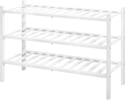 Kitsure Bamboo Wooden Shoe Rack for Closet - Stackable Shoe Organizer with Modular Structure, Space-Saving Shoe Shelf for Entryway, Living Room, Bedroom, 26.8" Wide - 3 Tiers, White