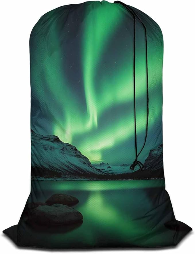 Swono Aurora Travel Laundry Bag, Northern Lights Above Coast Galaxy Sky Coast Machine Washable Dirty Clothes Organizer, Large Enough to Hold 4 Loads of Laundry, Easy Fit a Laundry Hamper or Basket