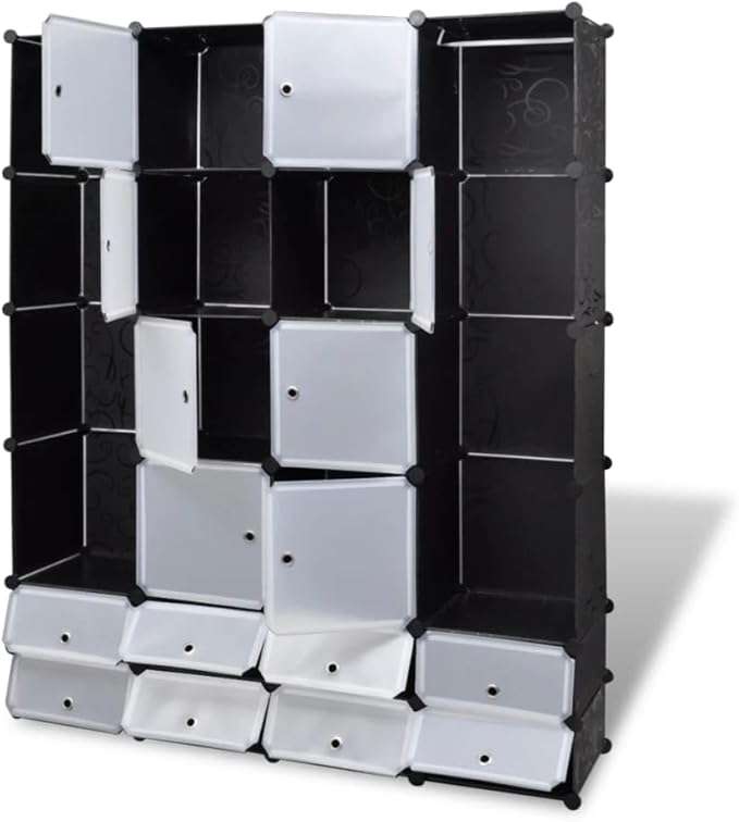 Modular Storage Cabinet Black and White Plastic and Steel Wire Flexible Storage Solution with 18 Compartments for Clothes Shoes Household Items