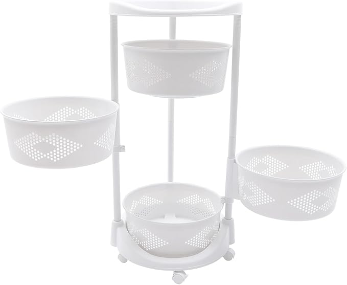 4 Tier Rotating Kitchen Storage Basket Rack Storage Shelf Cart Fruit Vegetable Organizer with Casters Rolling Multi-Layer Round Bin Storage Space Saver for Home Household Grocery