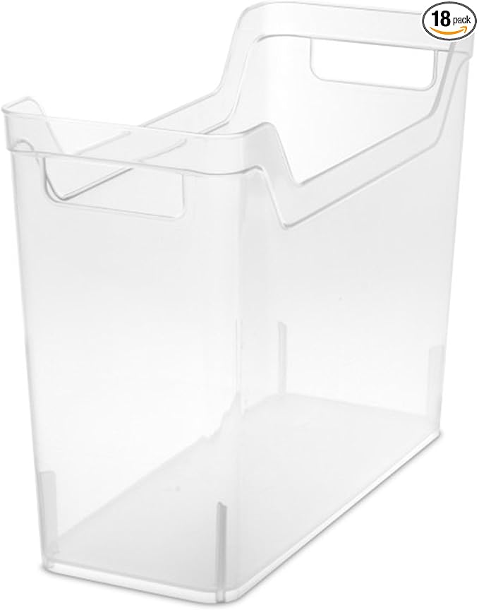 Sterilite Narrow Shelf Bin Organizing Plastic Container, Home Kitchen or Office Storage Tote, Open Top Basket with Handles, 18 Pack, Clear