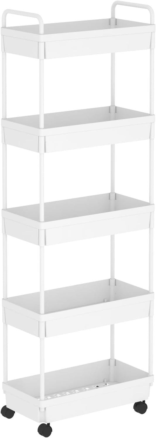 Buzowruil Rolling Storage Cart 5 Tier Organizer Mobile Shelving Unit Storage Rolling Utility Cart with Wheels for Kitchen Bathroom Laundry,White