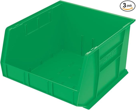Akro-Mils 30270 AkroBins Plastic Storage Bins, Space-Saving Stackable Bins for Garage, Pantry, Craft Organization, 18" x 16" x 11", Green, 3-Pack