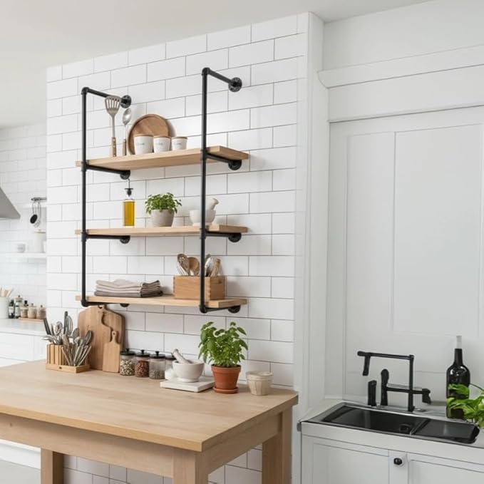 4-Tier Industrial Pipe Shelving Bracket System, Black Iron Wall Mount, DIY Rustic Farmhouse Style Storage Rack Brackets (No Planks)