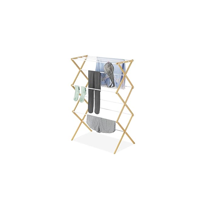 Whitmor Foldable Clothes Drying Rack: 3 Tier Laundry Drying Rack, Collapsible Drying Rack Clothing, Portable Space Saving Clothing Rack for Indoor Outdoor, 17.0“ L x 29.5” W x 43.5“ H, Wood